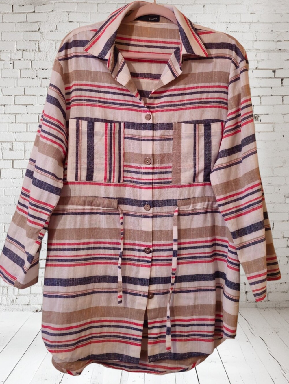 ON BLUE Striped Button Down Tunic Shacket Drawstring Waist Size M